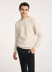 Béžový bavlnený pánsky sveter SWEMT-0114A-80(Z25), pohľad spredu na produkt na modelke, viditeľná polovica siluety.