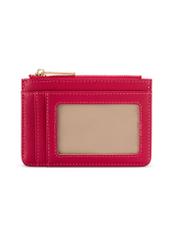 Fuchsiové puzdro na karty POREC-0413-5E(W26), pohľad zozadu na bielom pozadí.