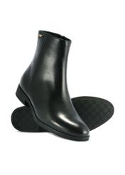 Čierne kožené dámske členkové čižmy BUTYD-1193-99(Z25) - pohľad zhora na produkt na bielom pozadí.