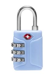Modrý kombinovaný zámok TSA AW-015-0003-61(W25), pohľad zozadu na bielom pozadí.