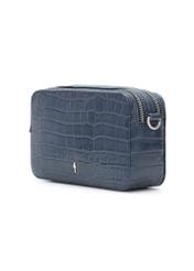 Malá tmavomodrá kožená kabelka s krokodílím vzorom TORES-1231-7D(W26), diagonálny pohľad na produkt na bielom pozadí.