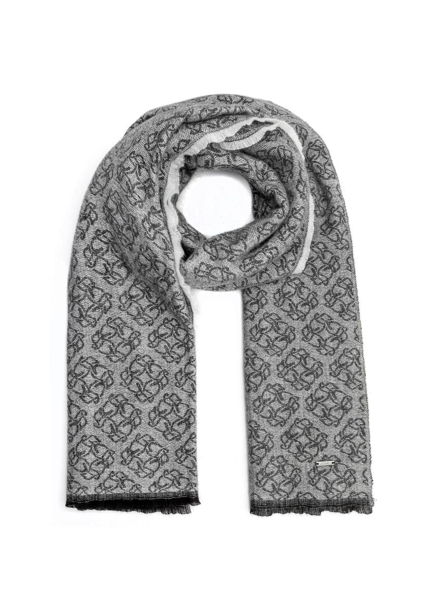 Veľká sivá dámska šatka s monogramom SZADT-0130A-91(Z25), pohľad na produkt spredu na bielom podklade.