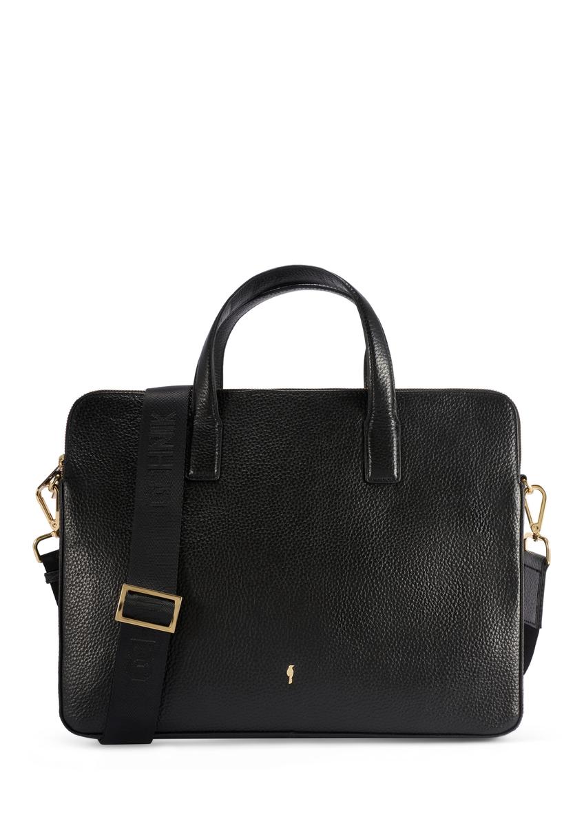 Čierna kožená taška na notebook TORES-1070A-99(W26), pohľad spredu na bielom pozadí.