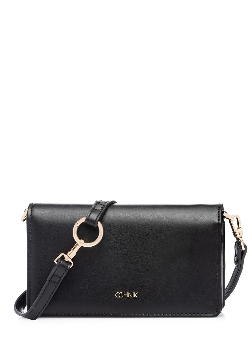 Čierna dámska peňaženka s remienkom POREC-0431-99(W26), pohľad spredu na bielom pozadí.