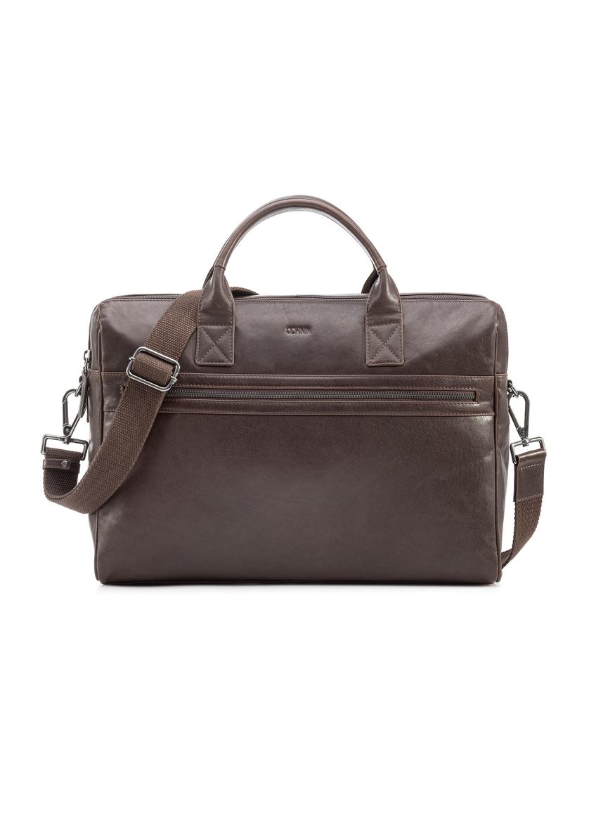 Pánska hnedá kožená taška TORMS-0459-89(Z25), pohľad na produkt spredu na bielom pozadí.