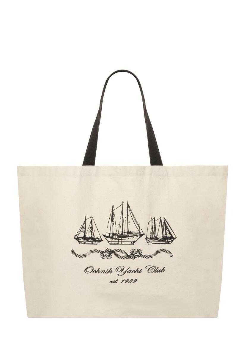 Krémová bavlnená taška s potlačou TOREN-0136-0P(W26), pohľad spredu na produkt na bielom pozadí.