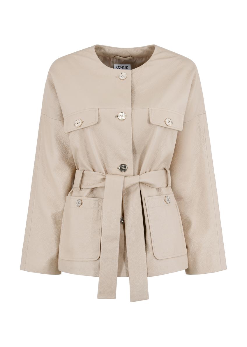 Dámska béžová kožená jarná bunda KURDS-0467-1191(W24)-03