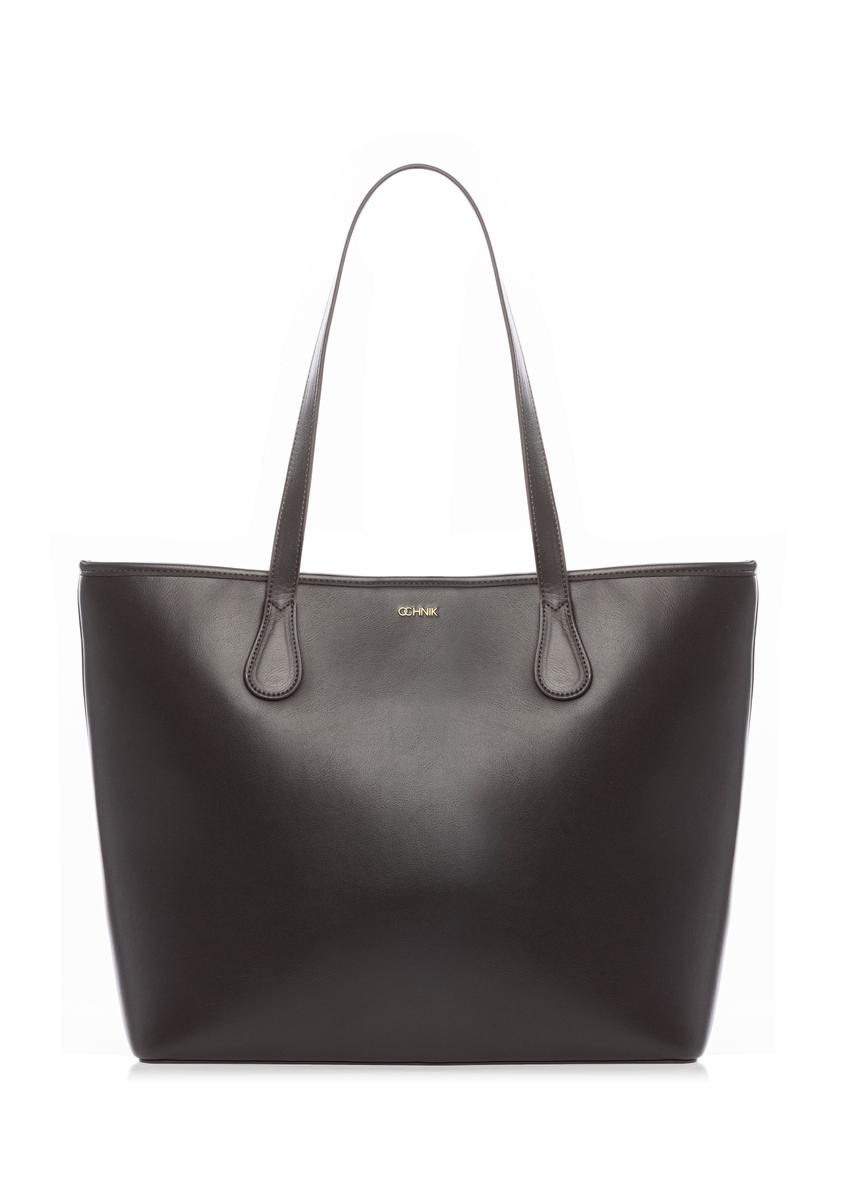 Hnedá dámska nákupná kabelka TOREC-1235-1H(W26), pohľad spredu na bielom pozadí.