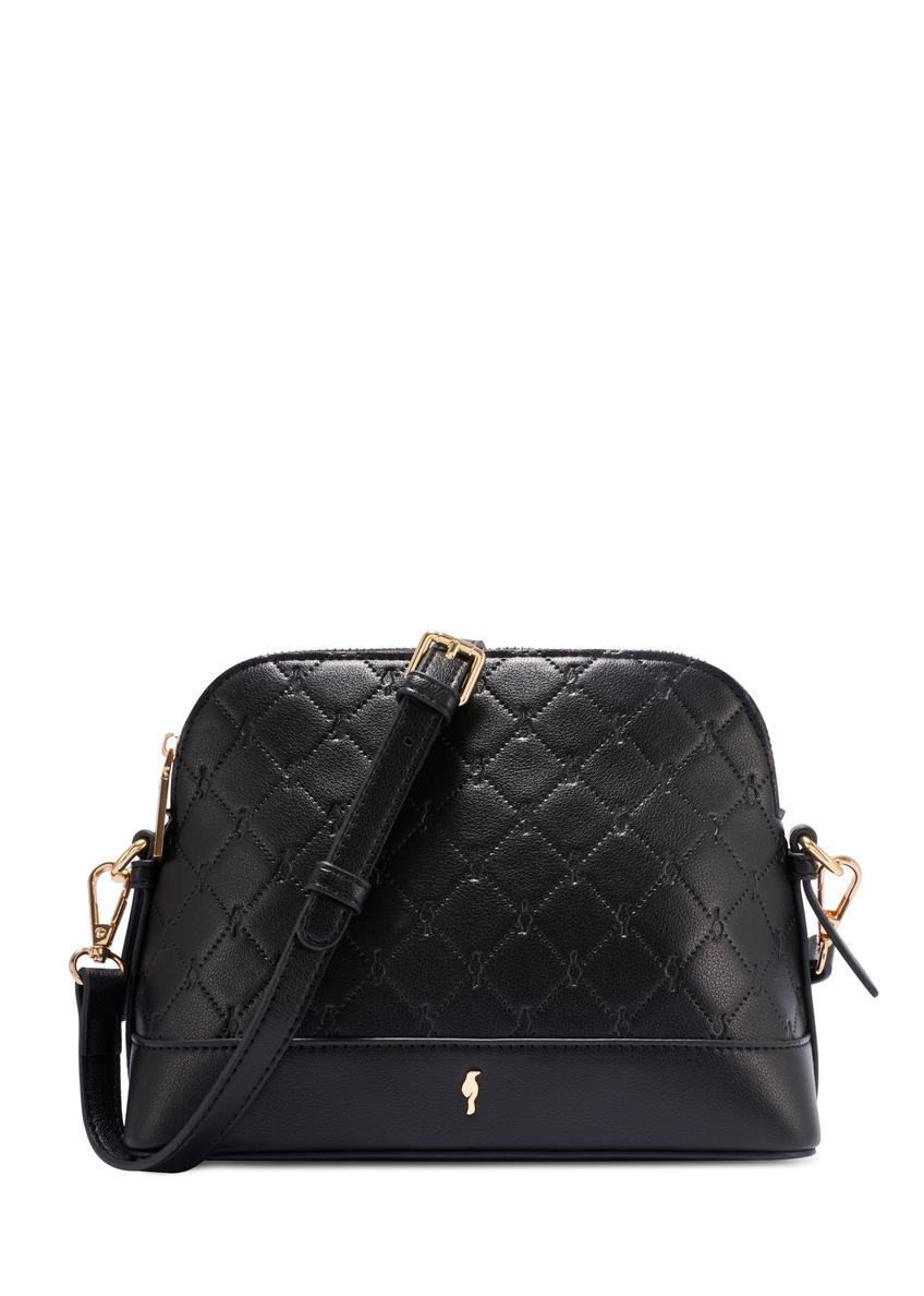 Čierna dámska kabelka s monogramom TOREC-1180-9P(W26), pohľad spredu na bielom pozadí.