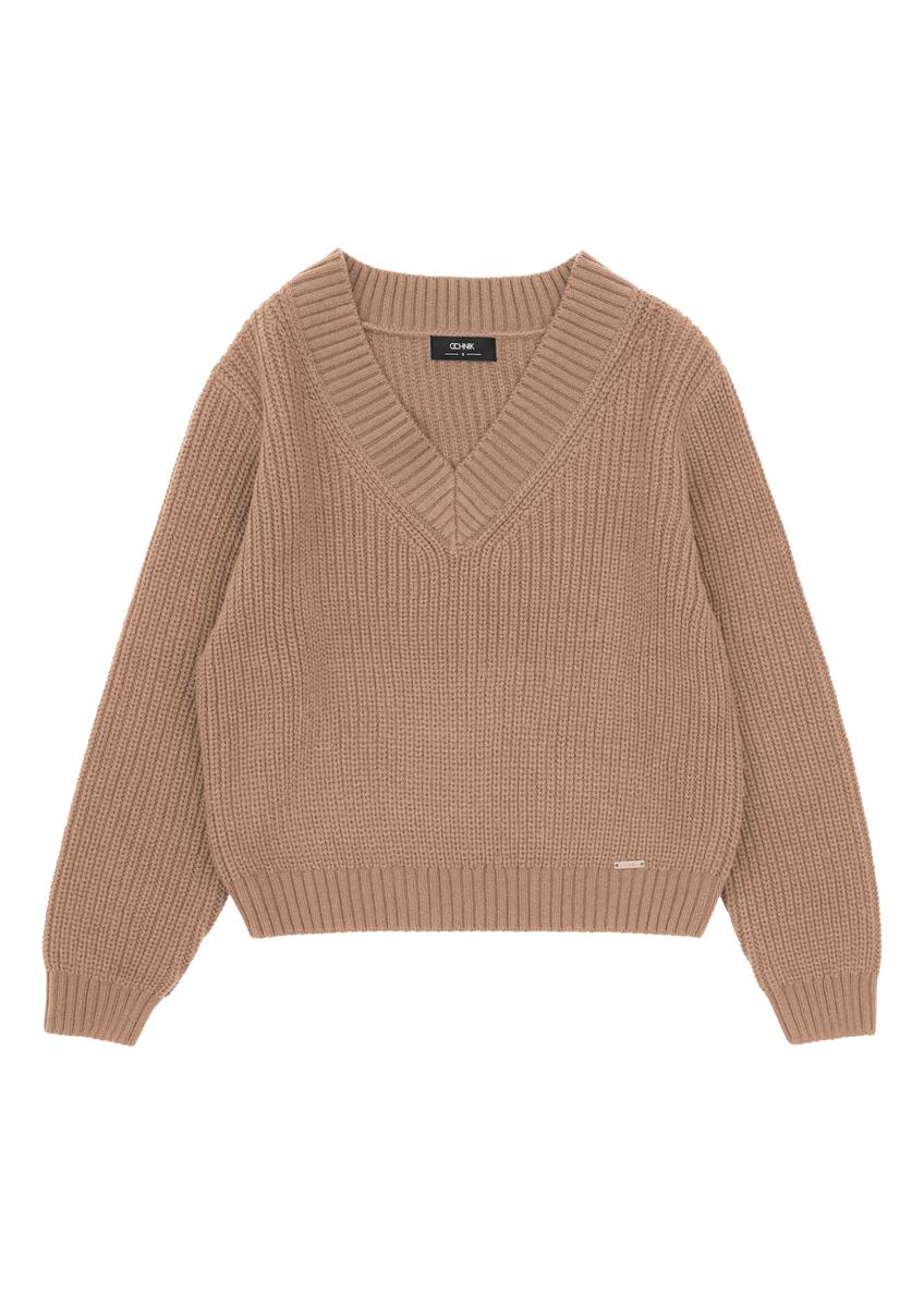 Dámsky sveter s výstrihom do V v ťavej farbe SWEDT-0162-83(Z25)