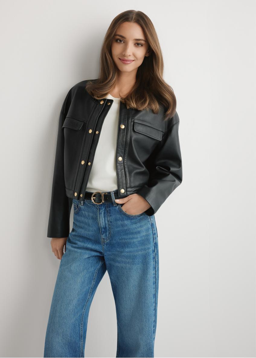Dámska krátka čierna kožená bunda KURDS-0597-99(W26), pohľad spredu na produkt na modelke. Viditeľná polovica siluety.