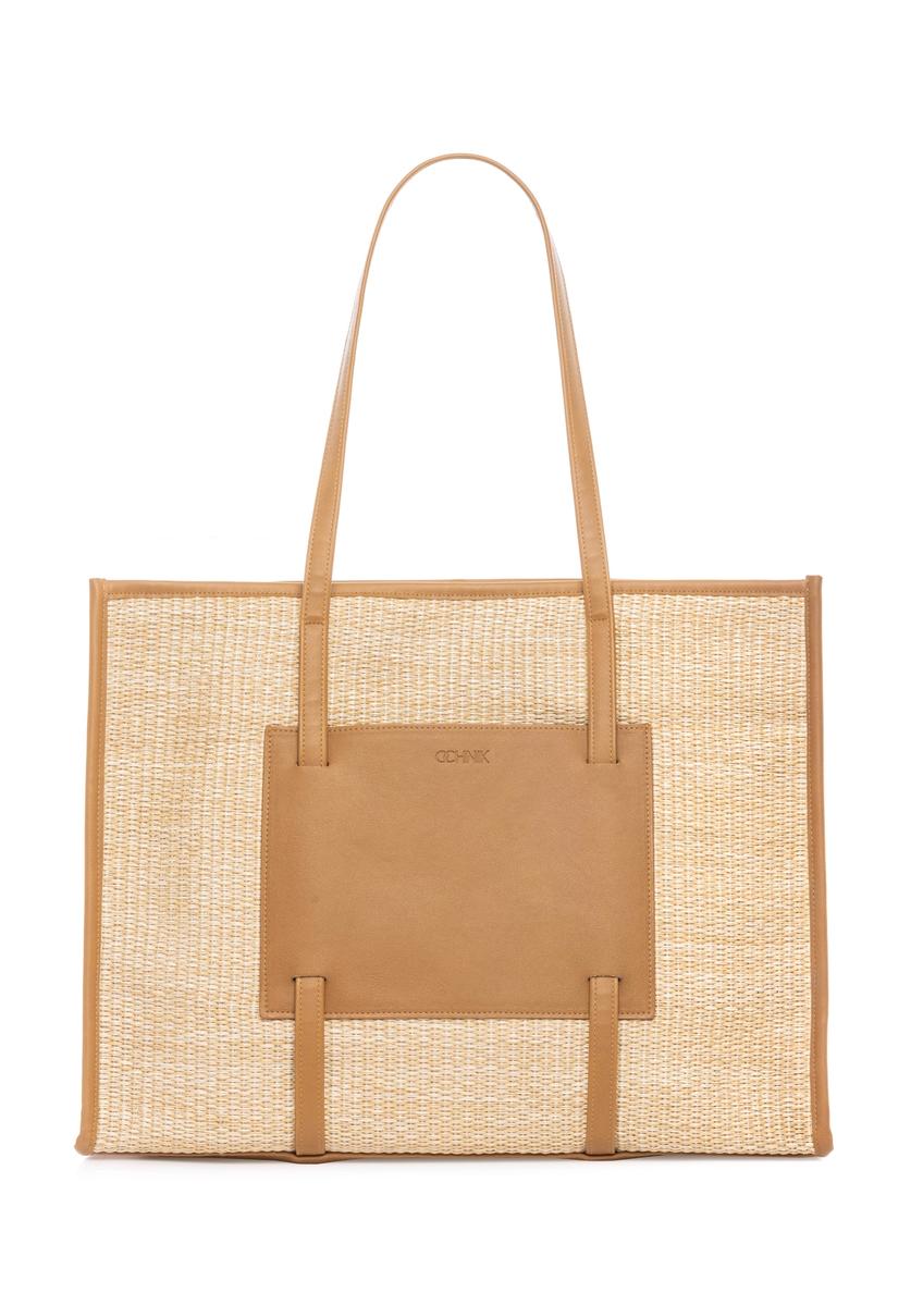 Veľká dámska slamená kabelka TOREC-1224-1E(W26) - pohľad na produkt spredu, na bielom pozadí.