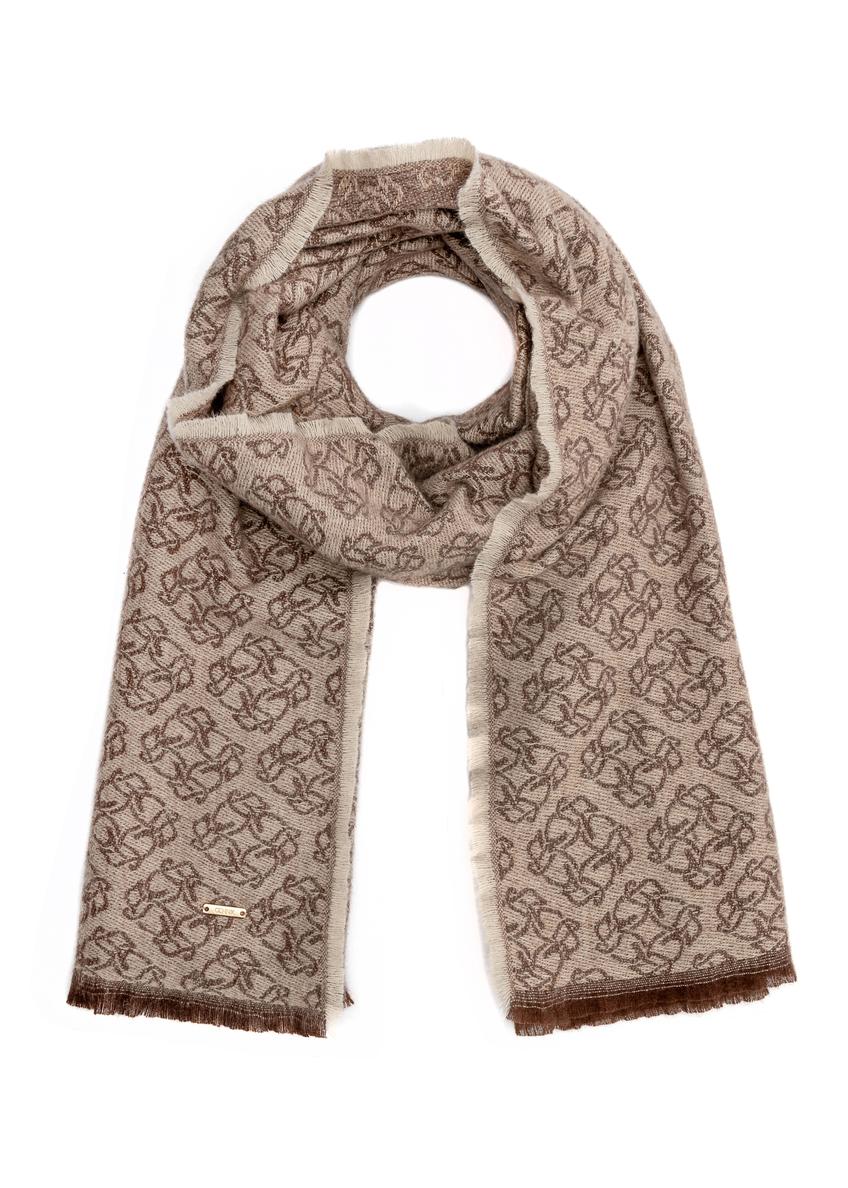 Veľká hnedá dámska šatka s monogramom SZADT-0130A-82(Z25), pohľad na produkt na bielom pozadí.