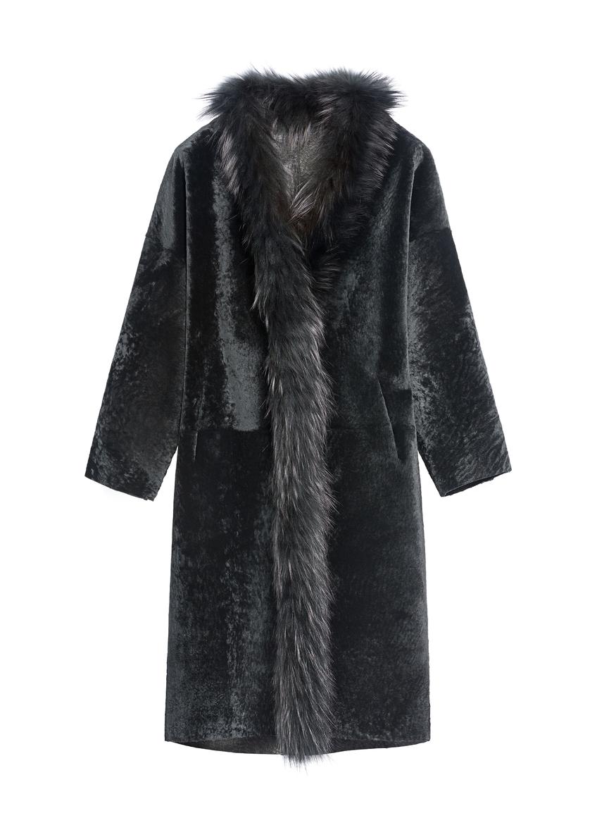 Čierny kožený obojstranný dámsky kabát z ovčej kože KOZDS-0093-1396(Z25), pohľad na produkt spredu na bielom podklade.