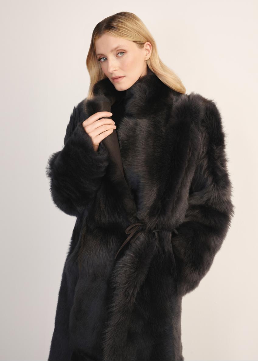 Brązowy dwustronny skórzany kożuch damski KOZDS-0088-3096(Z25)