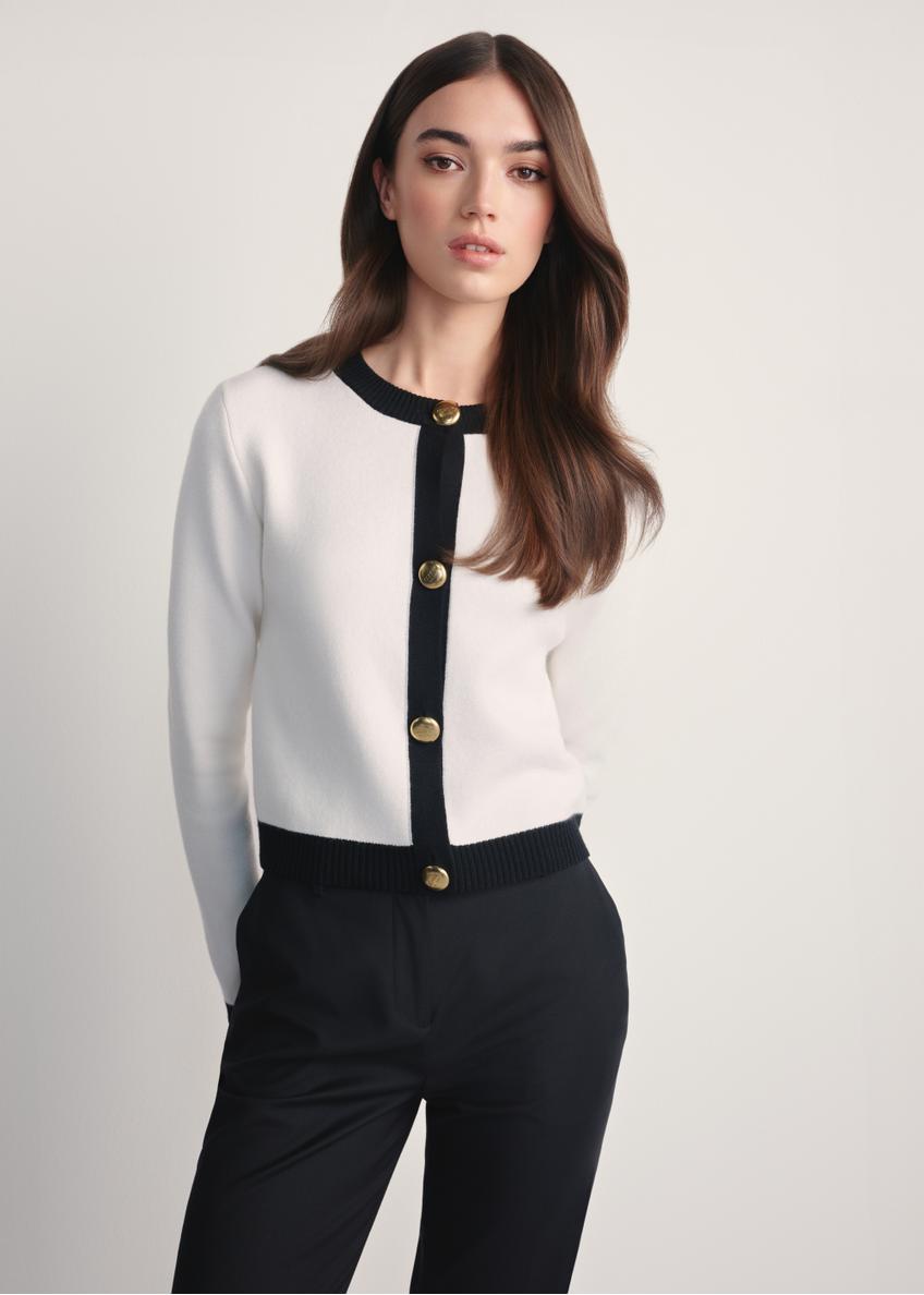 Dámsky biely kardigan KARDT-0053-12(Z25), pohľad spredu na produkt na modelke. Viditeľná polovica siluety.
