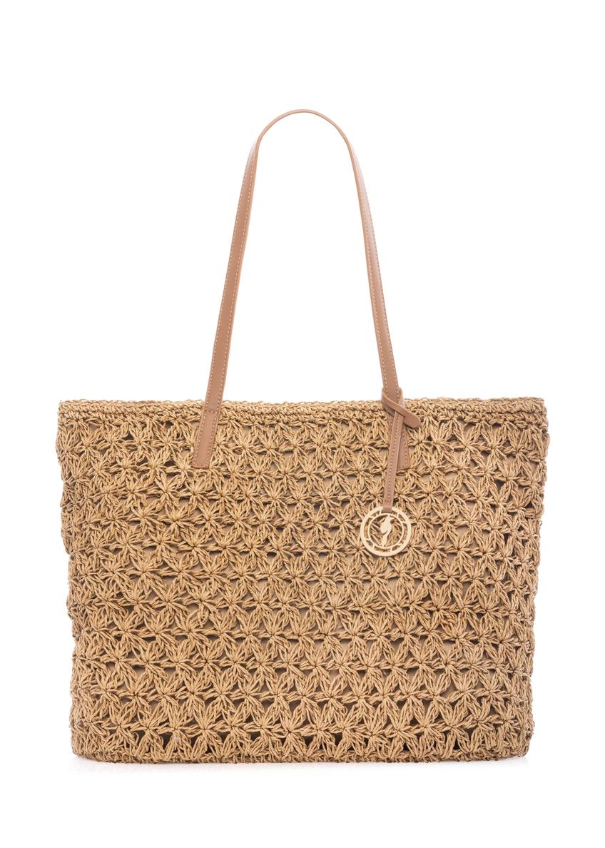 Slamená nákupná taška TOREC-1218-1E(W26) - pohľad na produkt spredu, na bielom pozadí.