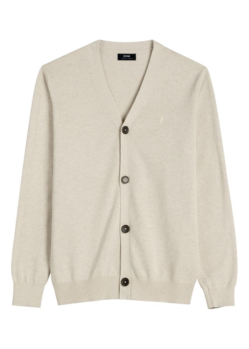 Pánsky kardigan z bavlny v svetlobéžovej farbe KARMT-0003-1A(W26)