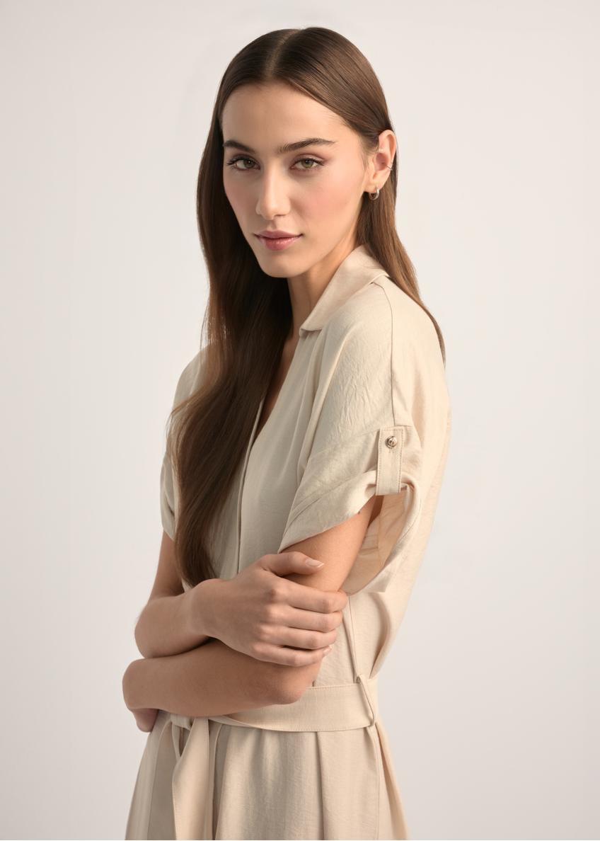 Svetlo béžové dlhé šaty s krátkym rukávom SUKDT-0180A-1A(W26)