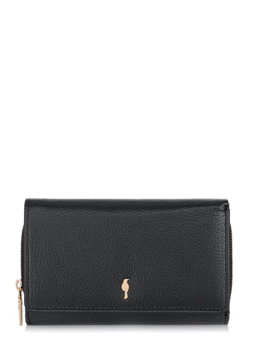 Veľká čierna kožená dámska peňaženka PORES-0801R-9I(W26), pohľad spredu na bielom pozadí.