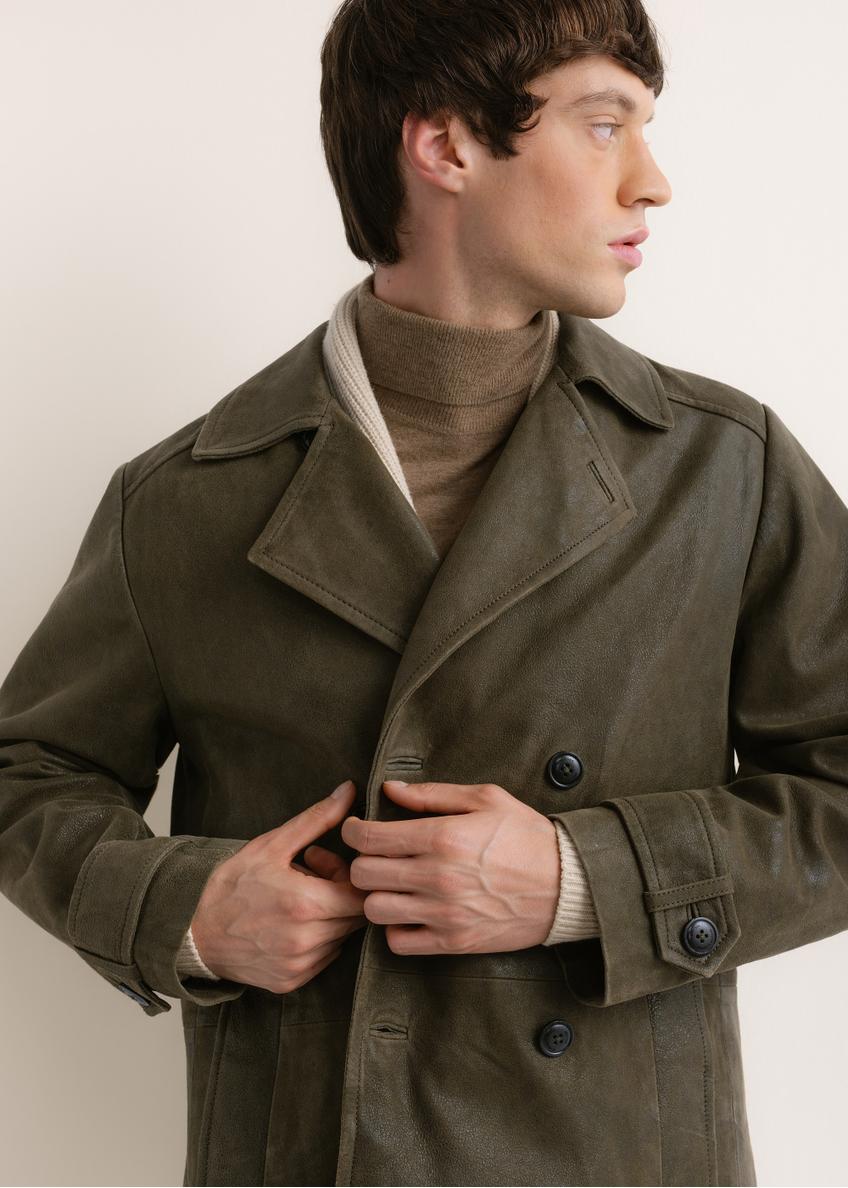 Pánsky kožený kabát v khaki farbe KURMS-0409A-8D(Z26)