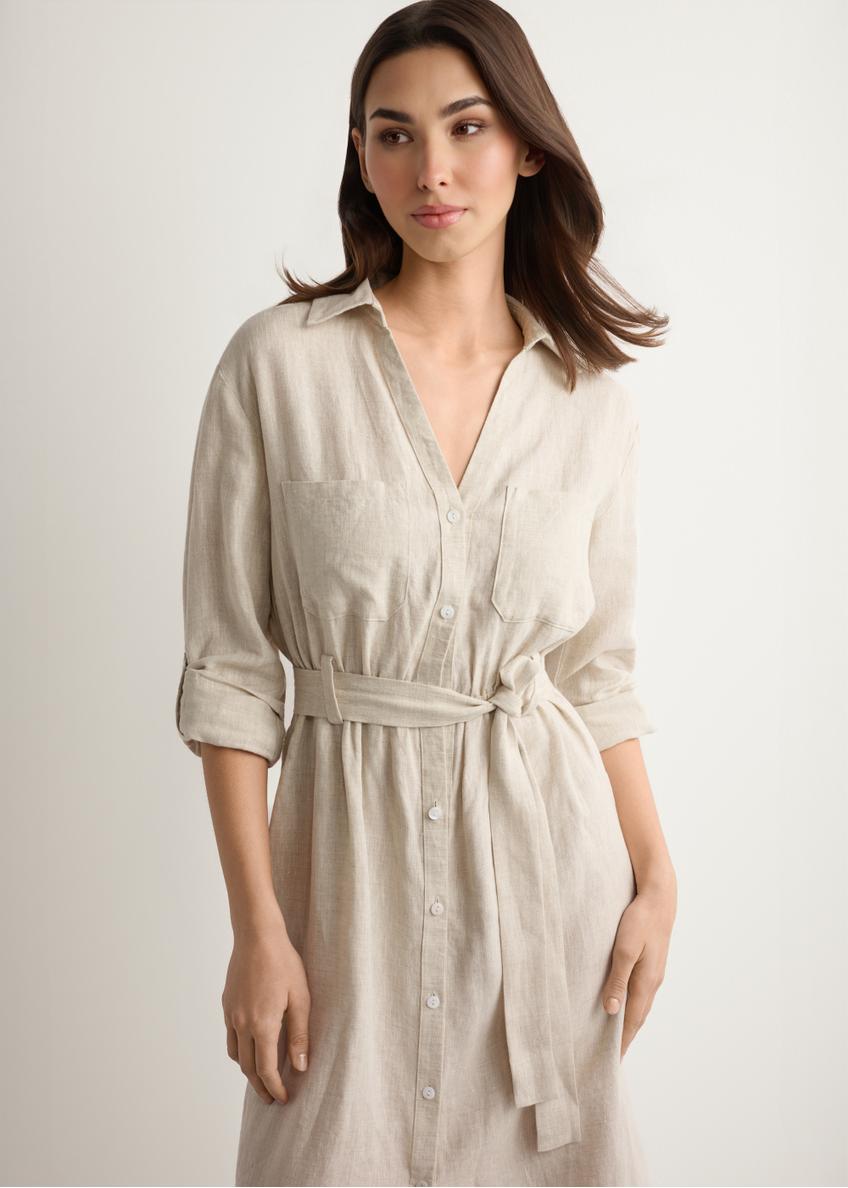 Bežové ľanové midi šaty SUKDT-0282-1A(W26)