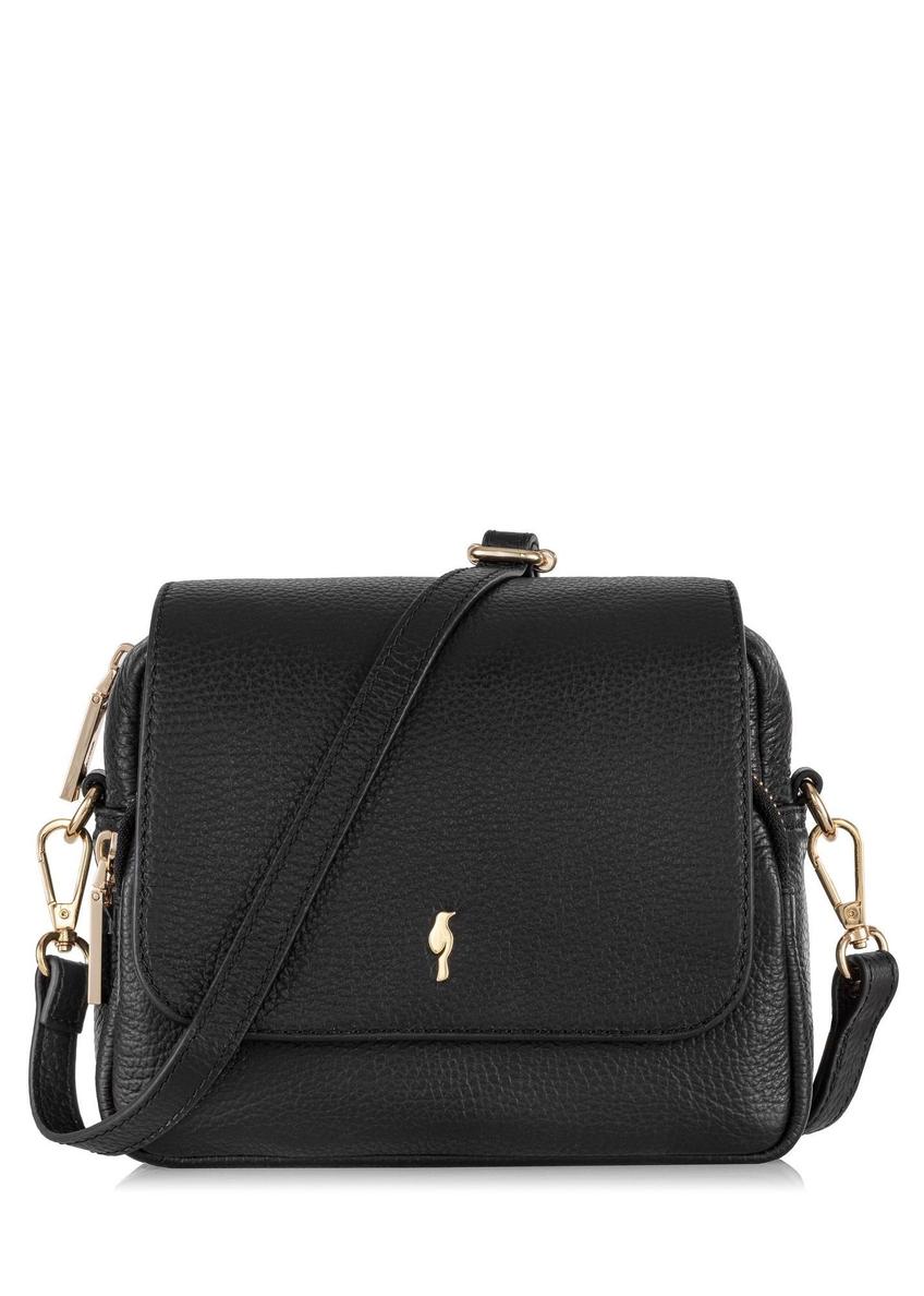 Čierna malá kožená dámska kabelka TORES-0958E-9I(W26), pohľad spredu na bielom pozadí.