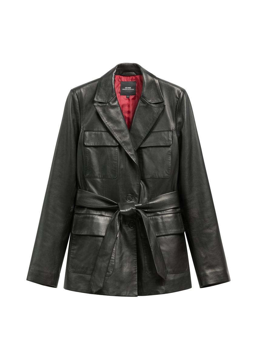 Čierna dámska kožená bunda s opaskom KURDS-0545-99(W26)