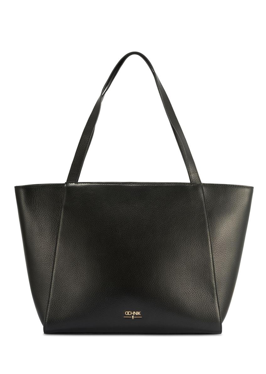 Čierna kožená nákupná taška TORES-1209-9I(W26) - pohľad spredu na produkt, na bielom pozadí.