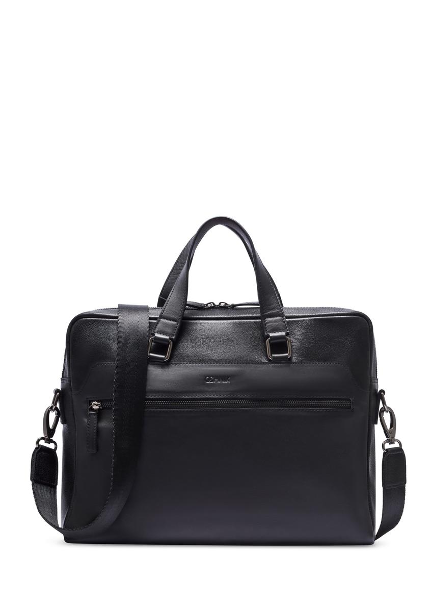 Čierna kožená taška na notebook TORMS-0496-99(W26) - pohľad spredu na produkt, na bielom pozadí.