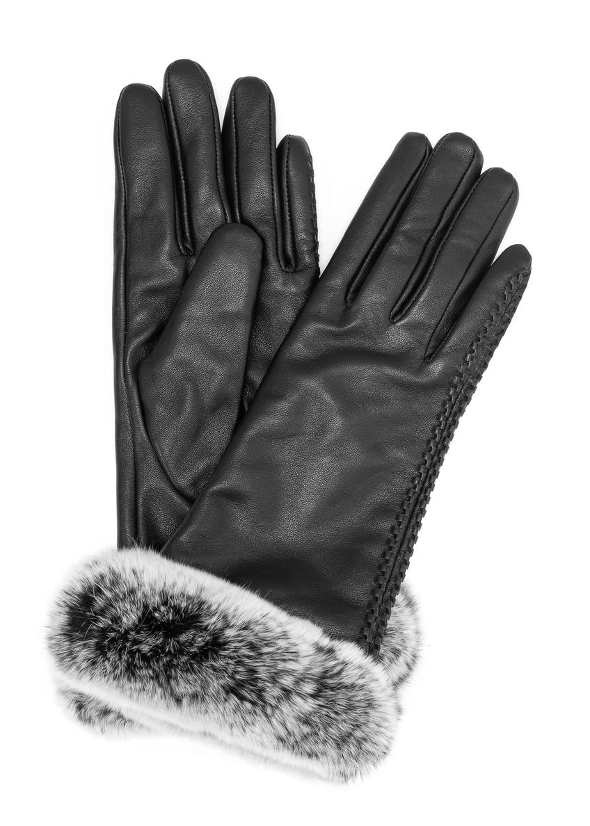 Čierne kožené rukavice s kožušinou REKDS-0092-99(Z25) - pohľad spredu na bielom pozadí.