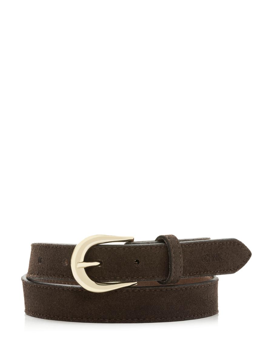 Dámsky kožený opasok tmavohnedý PASDS-0303-1I(W26), pohľad spredu na bielom pozadí.