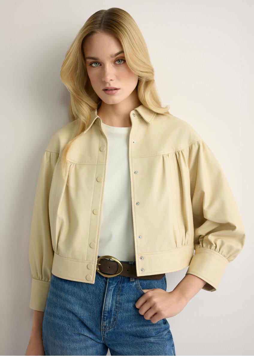 Svetložltá dámska kožená bunda KURDS-0574-2A(W26)