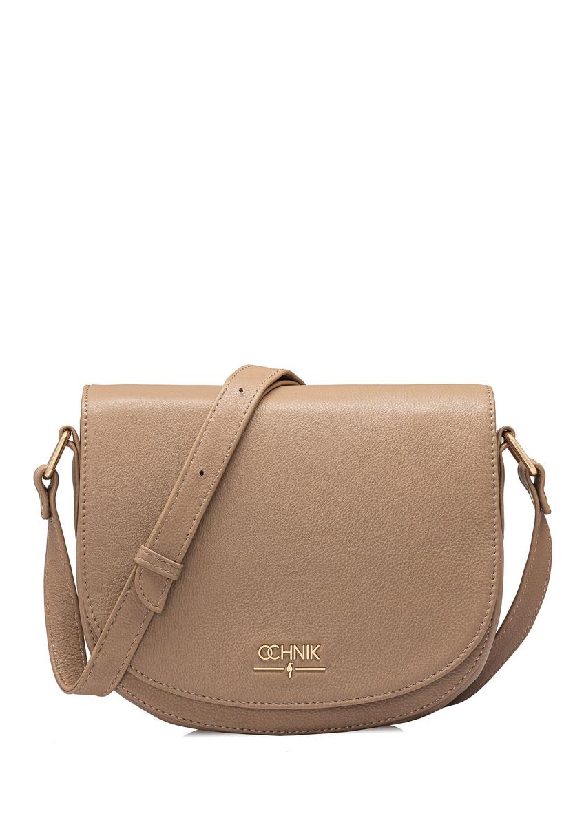 Béžová kožená polkruhová taška cez rameno TORES-0972F-1B(W26) - pohľad spredu na produkt, na bielom pozadí.