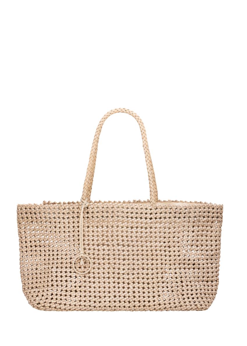 Béžová kožená tkaná kabelka TORES-1300-0C(W26), pohľad spredu na bielom pozadí.