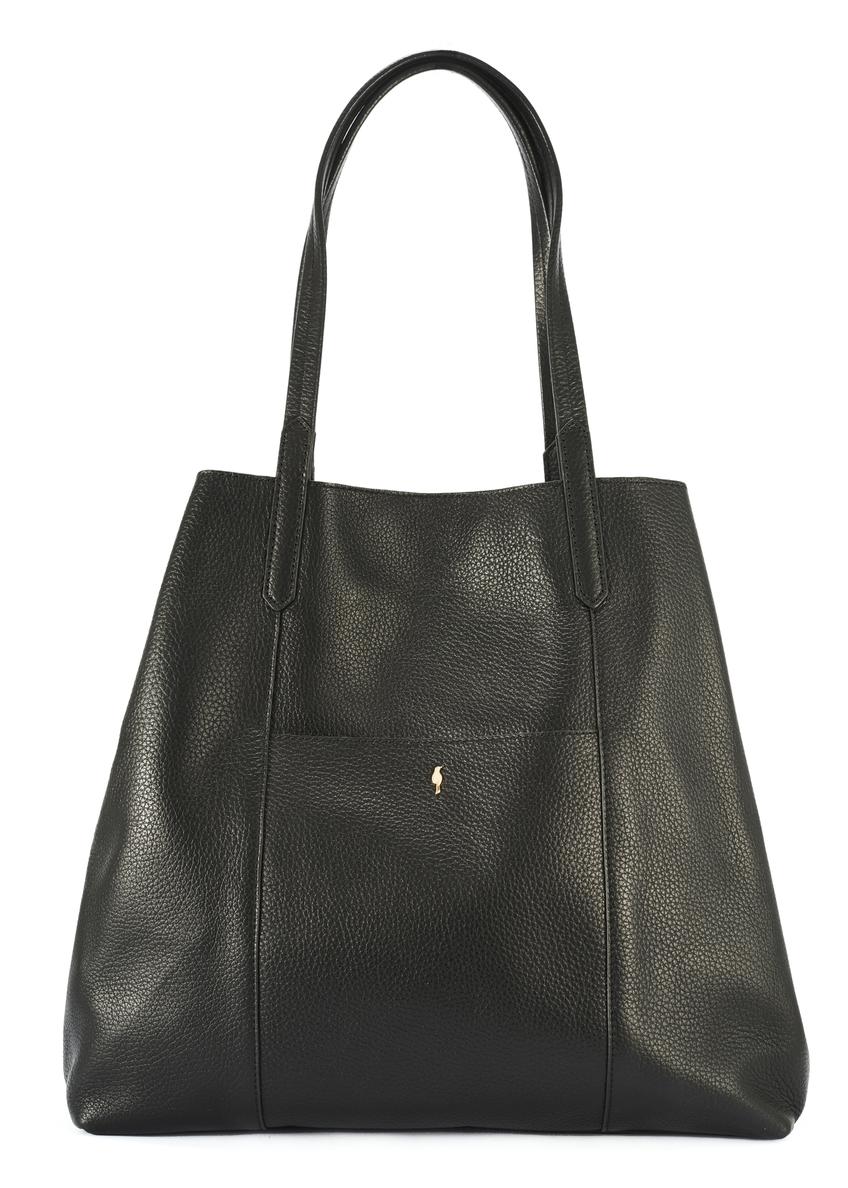 Čierna veľká kožená nákupná taška TORES-1212-9I(W26) - pohľad spredu na produkt, na bielom pozadí.