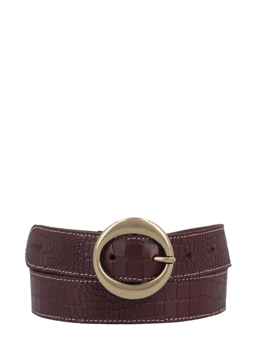 Brown leather women's belt with animal motif PASDS-0353-1H(Z26), front product view on a light background.