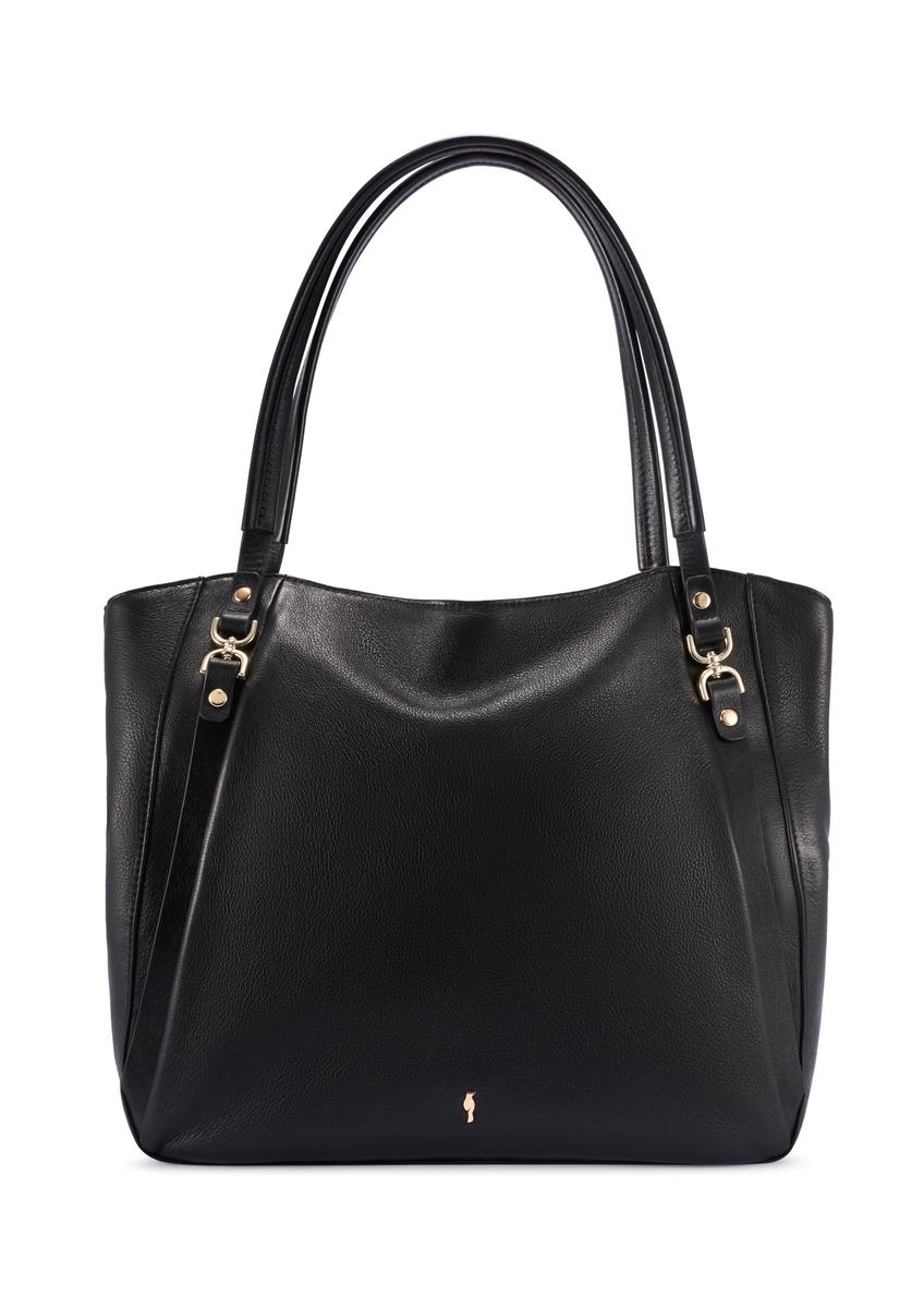 Čierna kožená nákupná taška TORES-1223-99(W26), pohľad spredu na bielom pozadí.