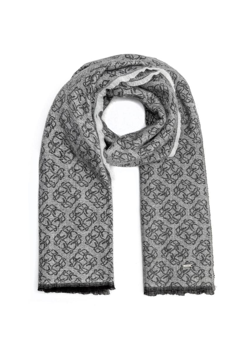 Veľká sivá dámska šatka s monogramom SZADT-0130A-91(Z25), pohľad na produkt spredu na bielom podklade.