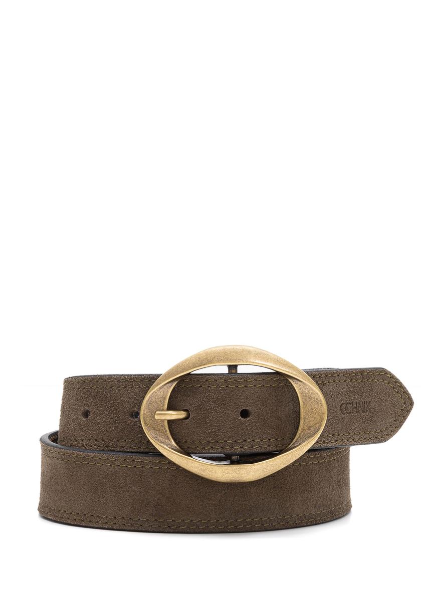 Dámsky semišový opasok olivovej farby PASDS-0318-57(Z25), pohľad spredu na bielom pozadí.