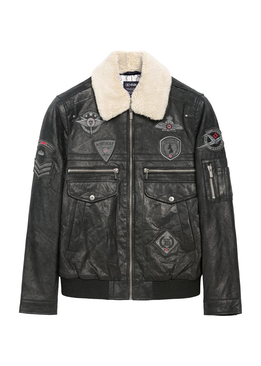 Čierna pánska kožená bunda typu pilotka  KURMS-0214A-5365(Z25)