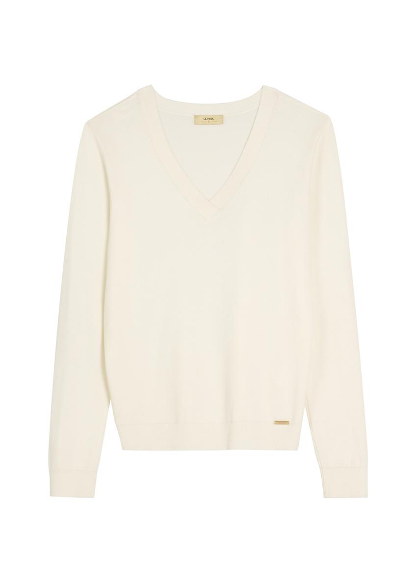 Krémový sveter s výstrihom do V SWEDT-0201-0B(W26)