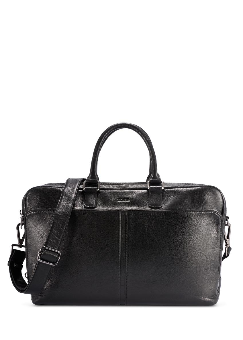 Čierna veľká kožená pánska taška TORMS-0489-99(W26) - pohľad spredu na produkt, na bielom pozadí.
