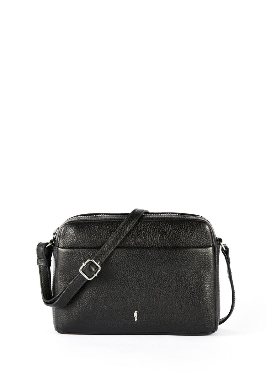 Čierna kožená dámska messenger taška TORES-1102A-99(Z25), predný pohľad na produkt na bielom pozadí.