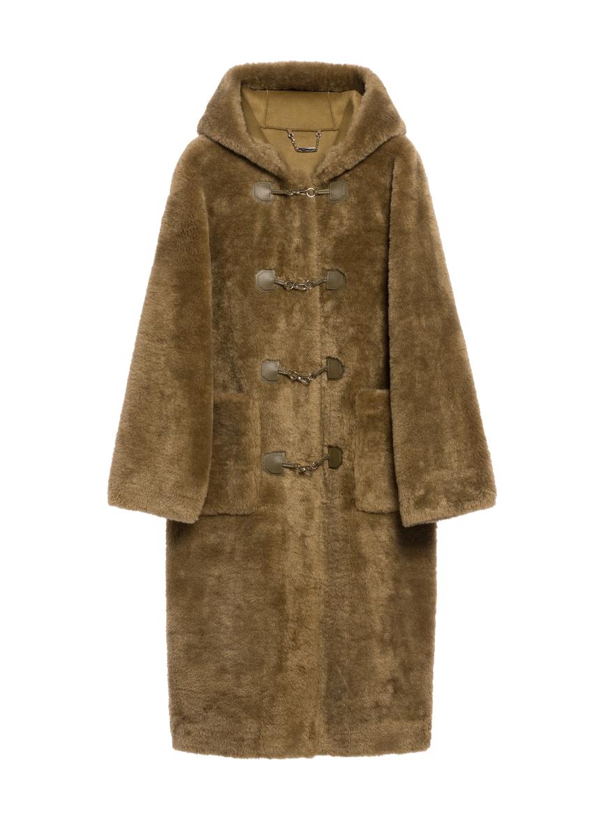 Dámsky khaki kožuch FUTDP-0070-55(Z25), pohľad na produkt spredu na bielom pozadí.