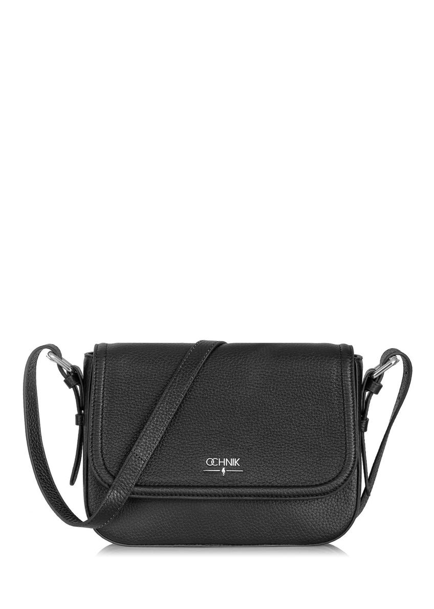 Čierna kožená dámska messenger taška TORES-0985D-99(Z25), predný pohľad na produkt na bielom pozadí.