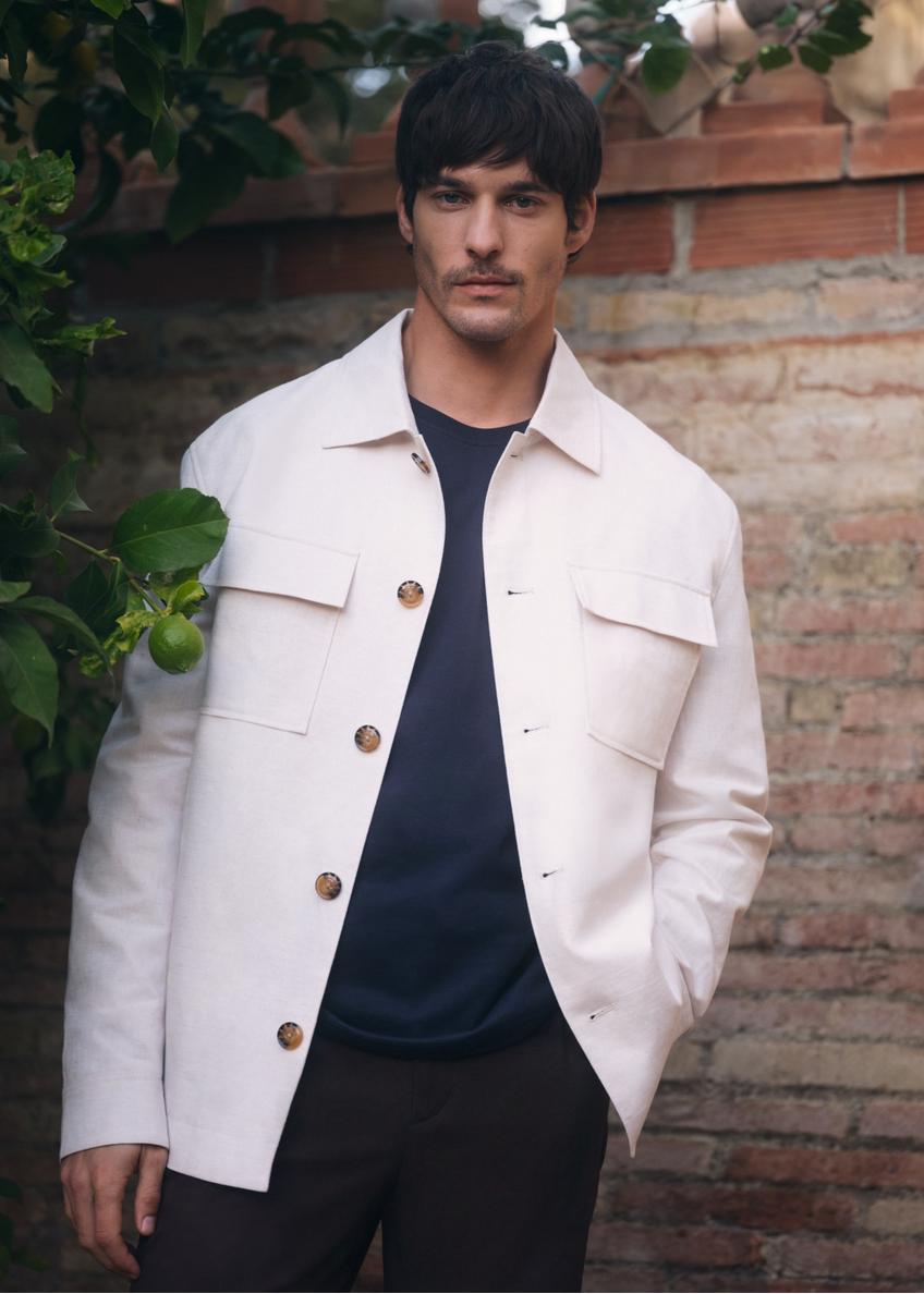 Pánske sako z ľanu svetlej béžovej farby KURMT-0420-1A(W26)