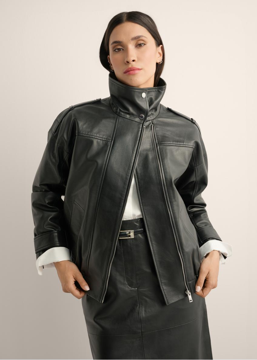 Čierna kožená bunda oversize KURDS-0623-99(Z26)