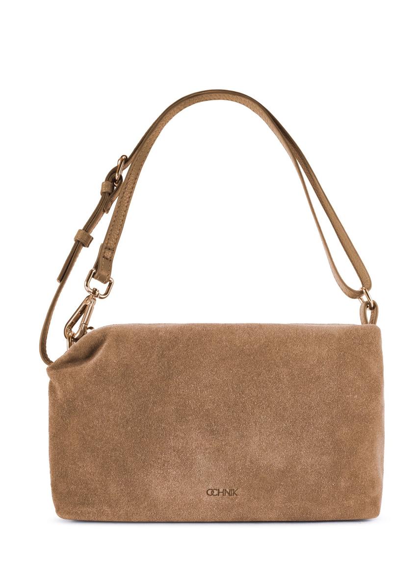 Dámska béžová semišová kabelka TORES-1249-1B(W26) - pohľad spredu na produkt, na bielom pozadí.