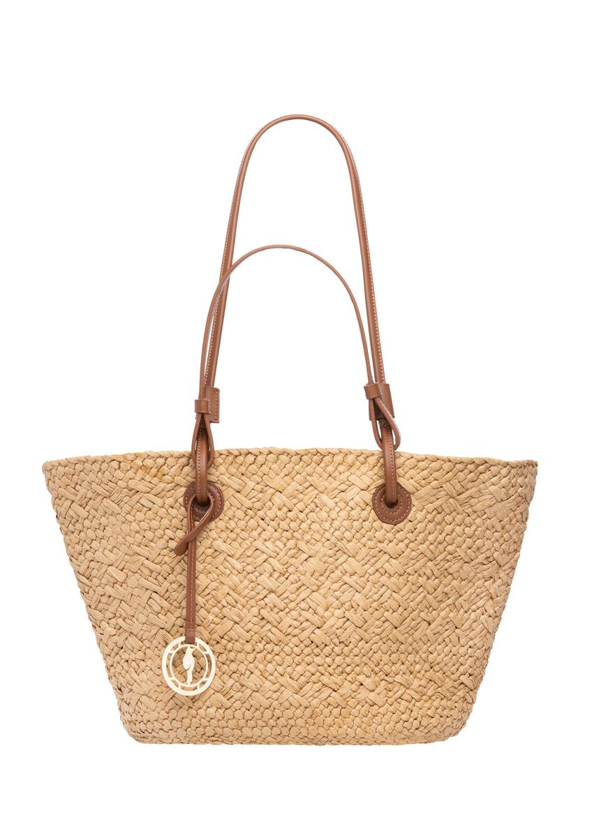Veľká dámska nákupná taška zo slamy TOREC-1217-1E(W26), pohľad spredu na bielom pozadí.
